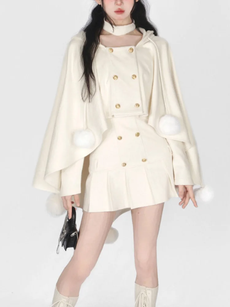 

Осенний японский кавайный комплект из двух предметов, женское вечернее платье с открытыми плечами, женское элегантное пальто с капюшоном + корейское милое платье