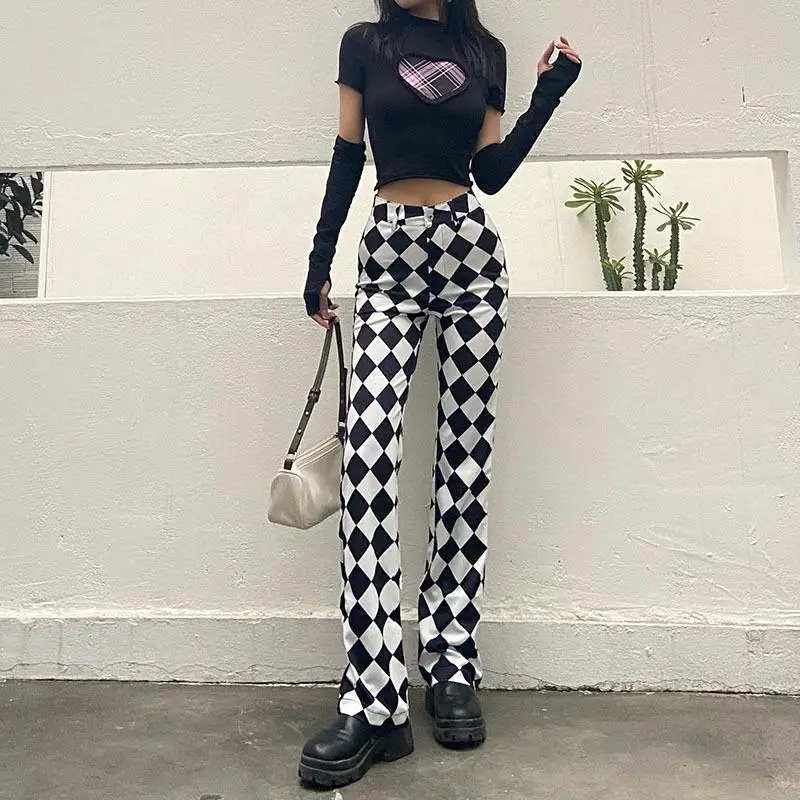 

Retro Checkerboard Micro Flare Trousers Women Fashion High Waist Contrast Color Pants Lady Simple Casual Slim Fit Woman Trousers