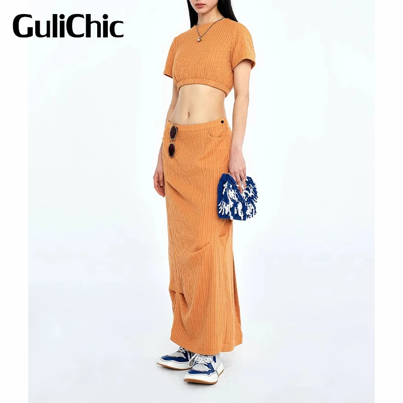 

Женский элегантный однотонный костюм GuliChic 5,16 года, короткая футболка на молнии или длинная юбка с разрезом сзади