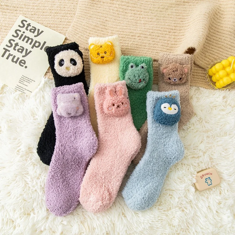 7 Pairs 2022 New Winter Cute Harajuku Doll Coral Fleece Socks Three-dimensional Cartoon Cat Dog Bear Ladies Sleep Floor Socks