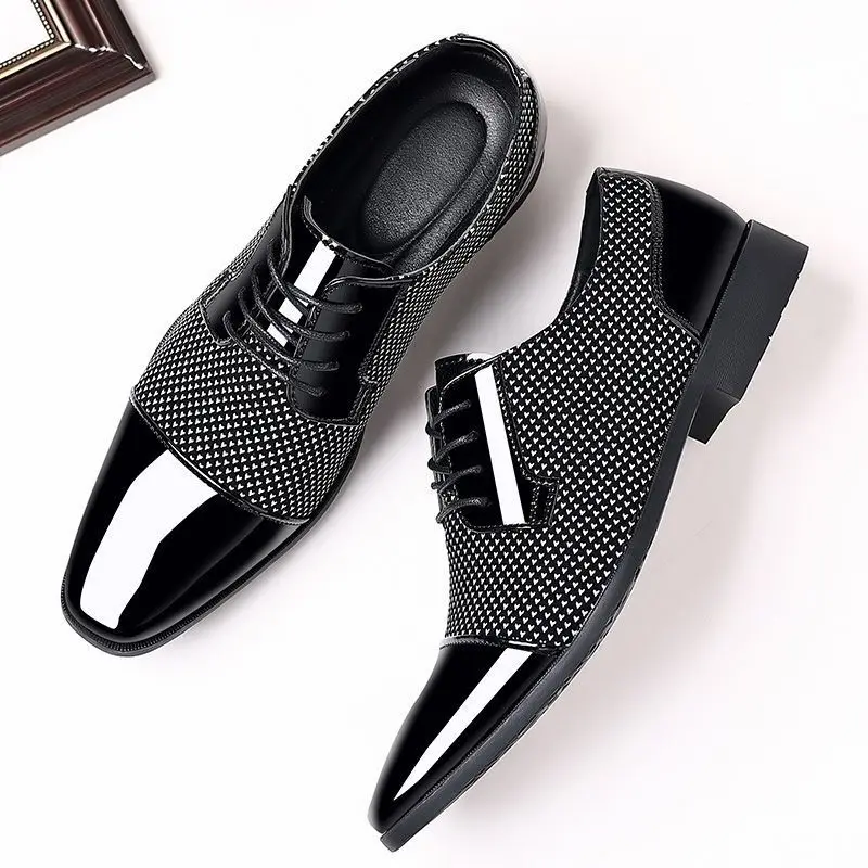 

39-47 Mens Pu Leather Dress Shoes Spring Summer Flat-soled Lace-up Derby Pointed Toe Business Male Footwear Hy49