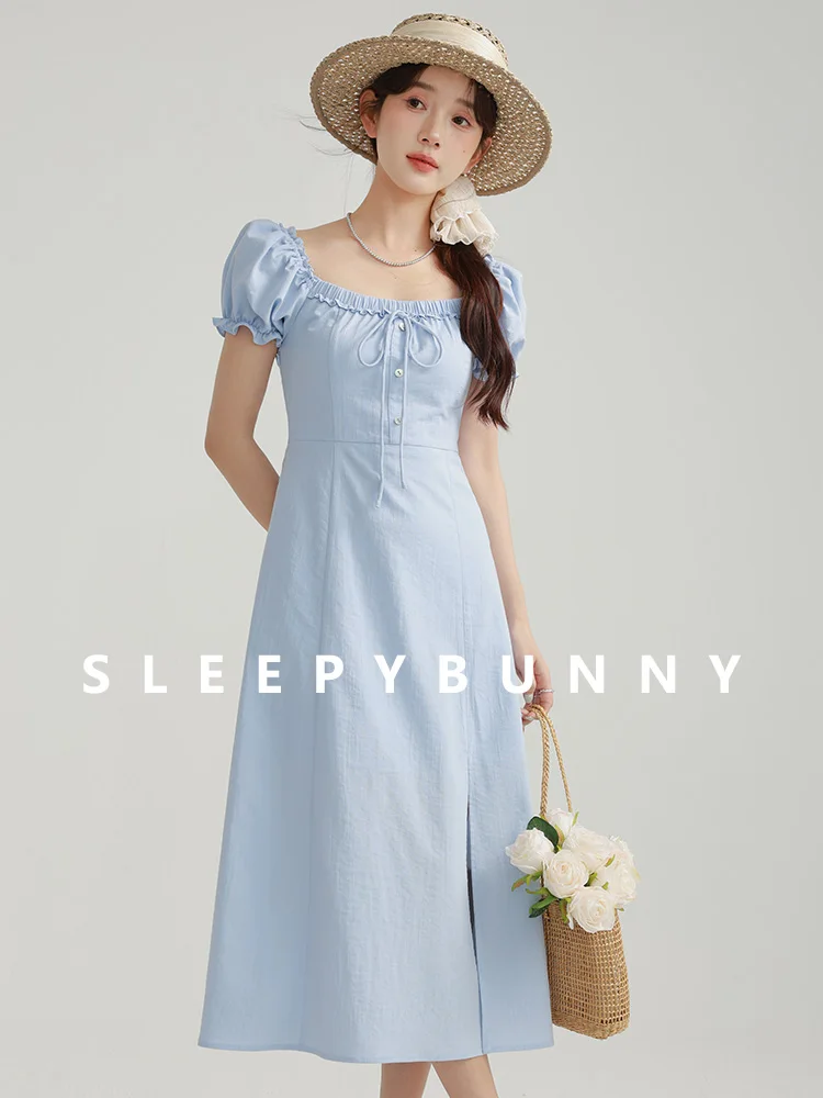 Женское весеннее синее платье с пышными рукавами милое мини-платье