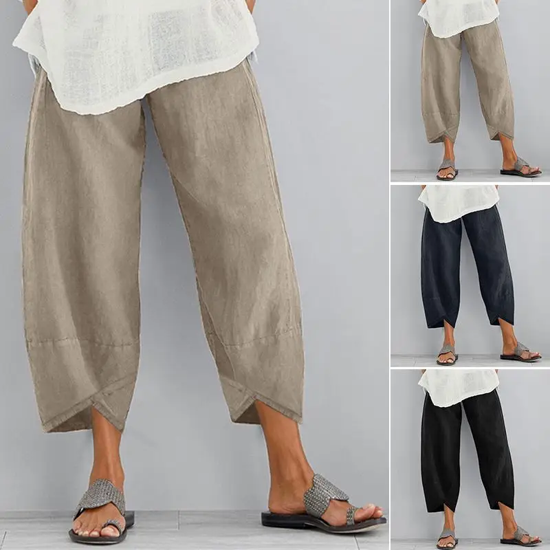 

Женские шаровары с широкими штанинами, летние повседневные хлопковые льняные брюки с эластичным поясом, однотонные укороченные брюки с карманами