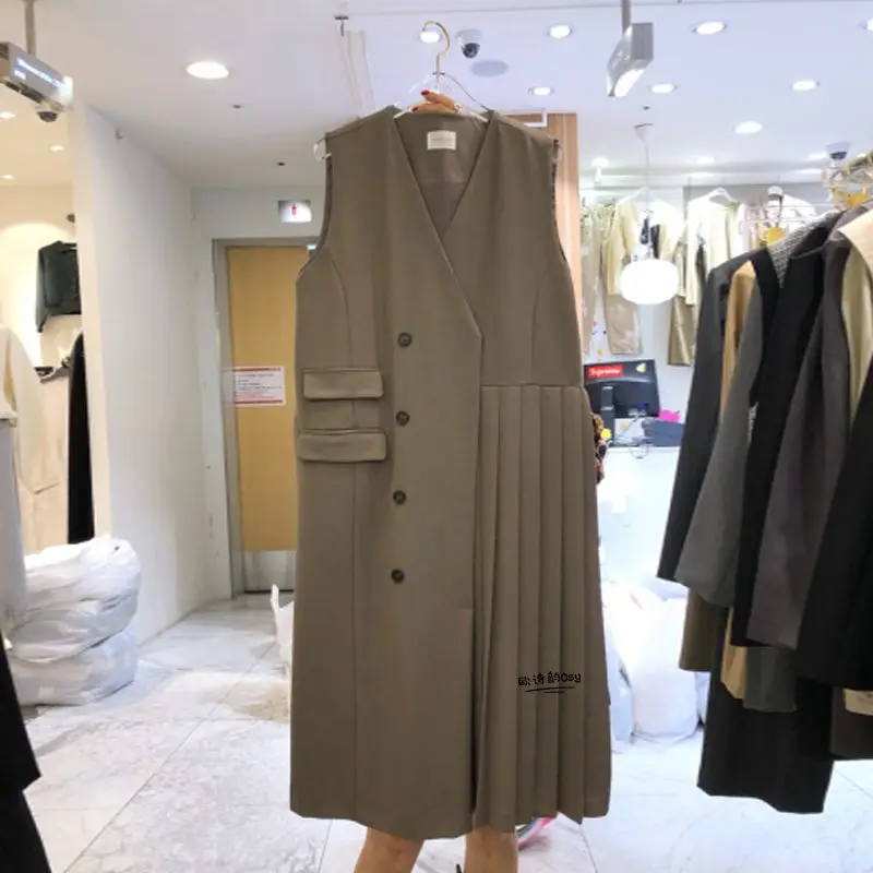 2022 Autumn Long Blazer Waistcoat Women Korean V-Neck Loose Large Size Fashion Sleeveless Mid-Length Pleated Vest Jacket h2201