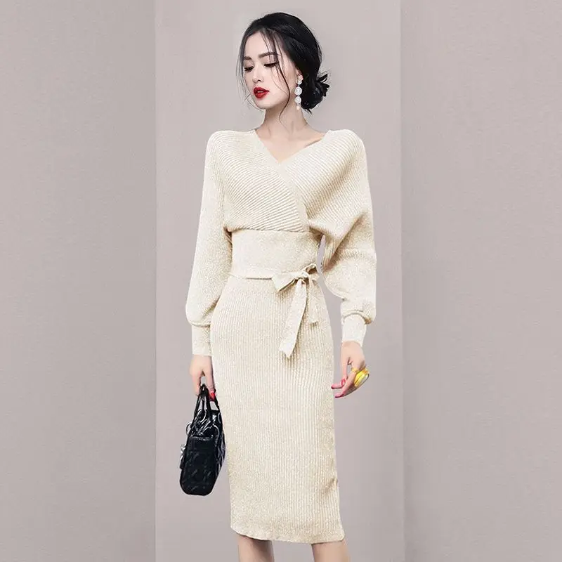 

Women Sweater Dress Long Batwing Sleeve V-neck Kintted Bodycon Dresses 2022 Autumn Winter Clothing Streetwear Knitting Vestidos