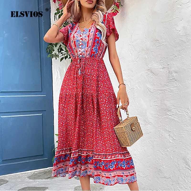 

Женское платье с V-образным вырезом, Элегантное повседневное платье с принтом в богемном стиле, лето 2023