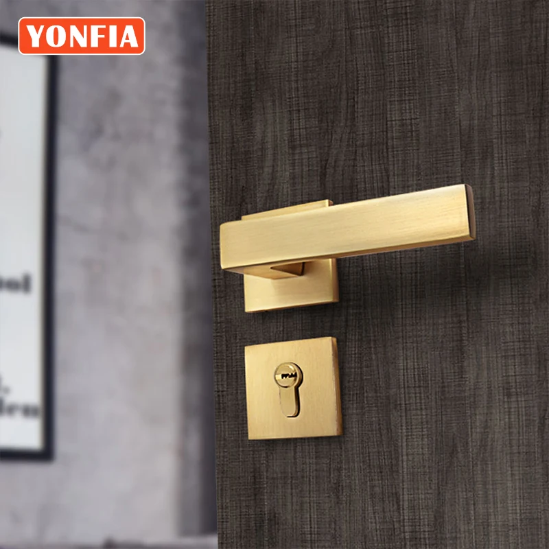 YONFIA A8198R04 Quality Brushed Brass Gold Aluminium Internal Door Handles Square Mortise Lever Door Lock Set For Toilet Bedroom