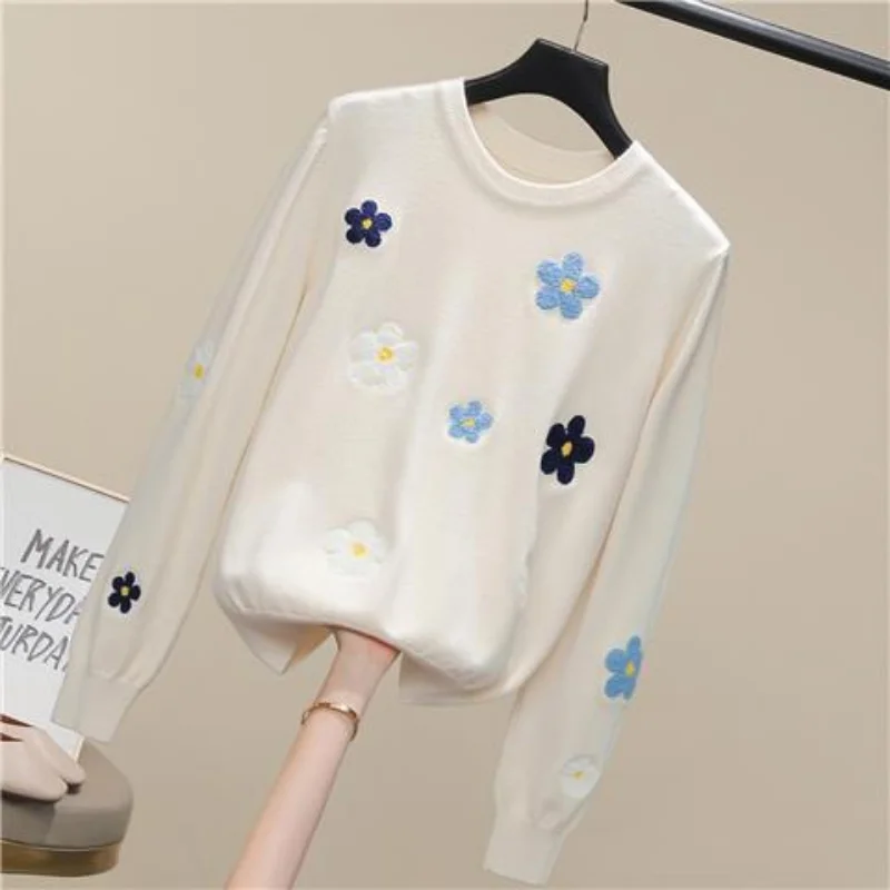 

Elegant Women's Knitted Sweater Pullovers for Fall and Winter Sweaters with Flower Retro O-neck Full Sleeve Pullover Sweaters