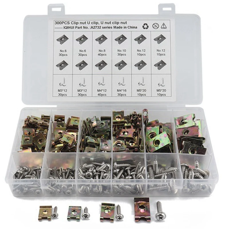 

300 Pieces U Metal Nut No.6 8 10 12 Clamp With Fastener Flange Tapping Screw Parts Classification Kit