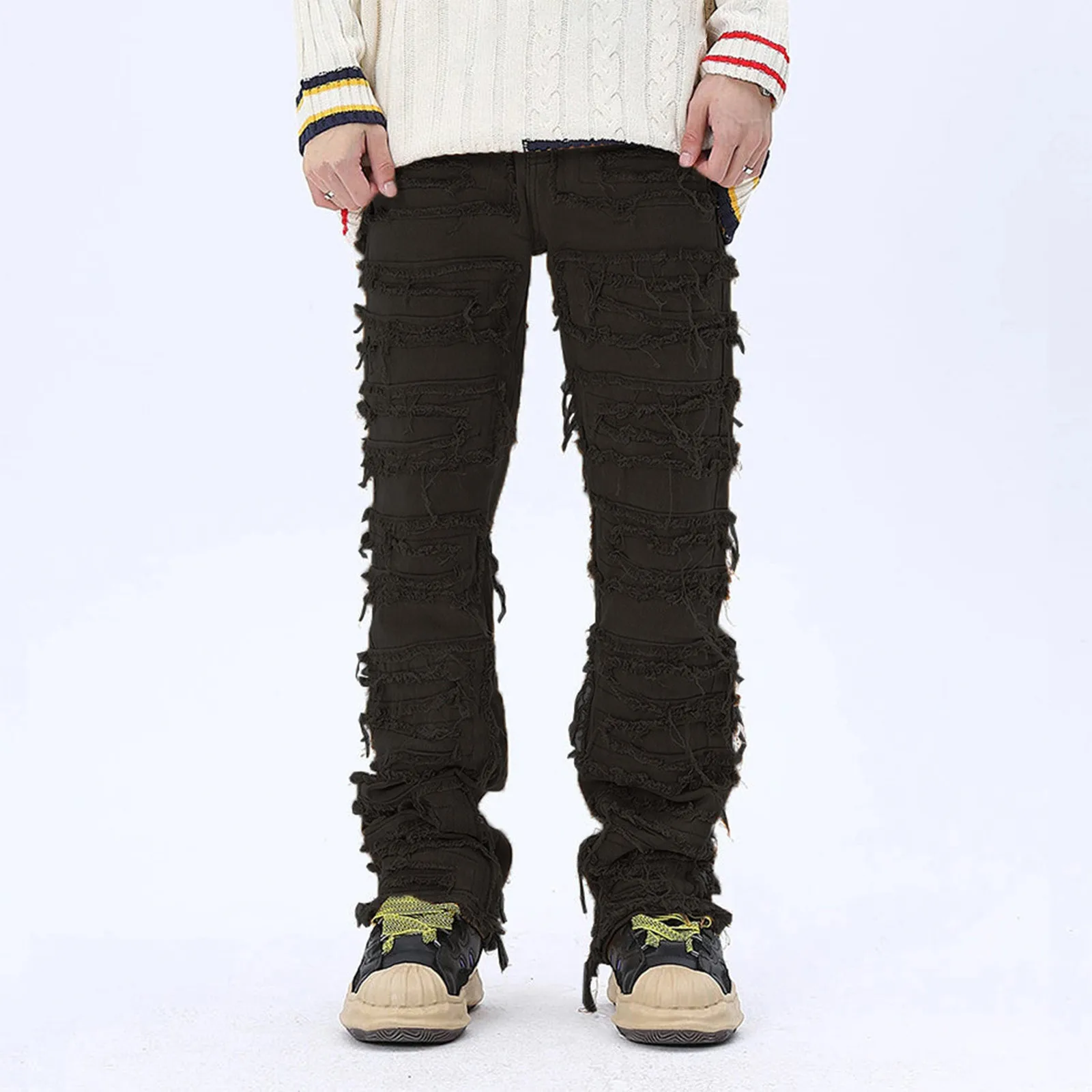 

Mens Retro Patchwork Flared Pants Grunge Wild Stacked Ripped Long Pants Trousers Straight Y2k Baggy Washed Faded Jeans For Men
