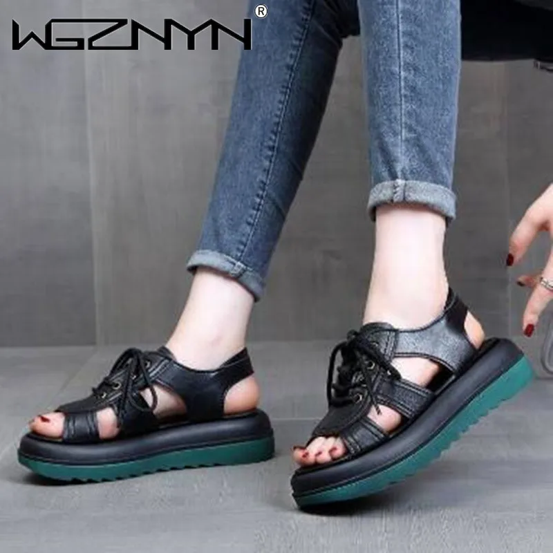

Fashion Leather Roman Sandals Women's 2023 Summer New Thick Bottom Outer Wear Women's Shoes Soft Bottom Lace Up Open Toe Sandals