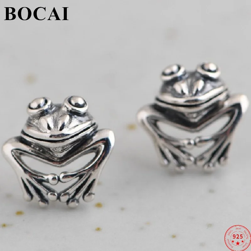 

BOCAI S925 Sterling Silver Earrings for Women New Fashion Small Golden Toad Frog Ear Studs Pure Argentum Jewelry Free Shipping