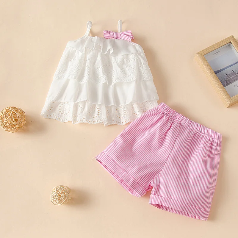 

Kids Clothes Girls Sleeveless Lace Sling Top+ Striped Shorts Set Fashion 2022 Summer New Children Clothes For Baby Girls 3 Years