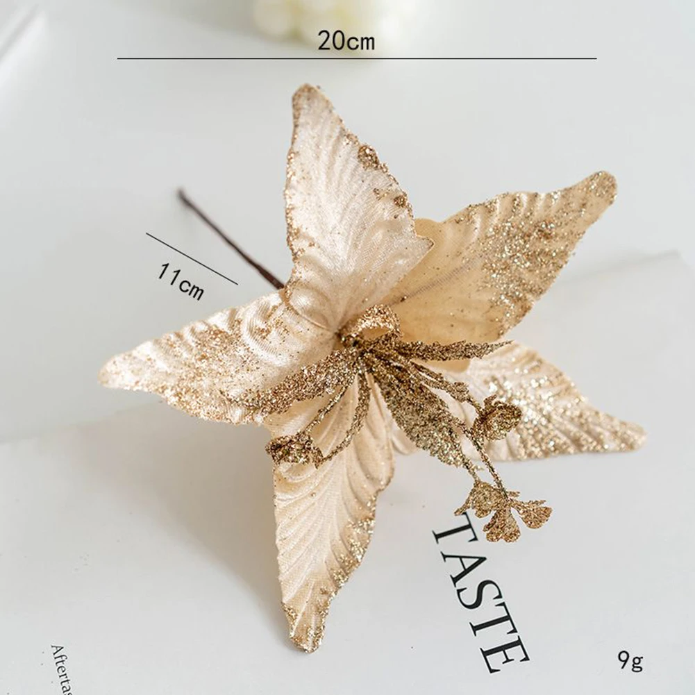 

Ornaments Christmas Flower Wedding Garden Home 20cm Artificial Flowers Christmas Cloth+Plastic Glitter Poinsettia