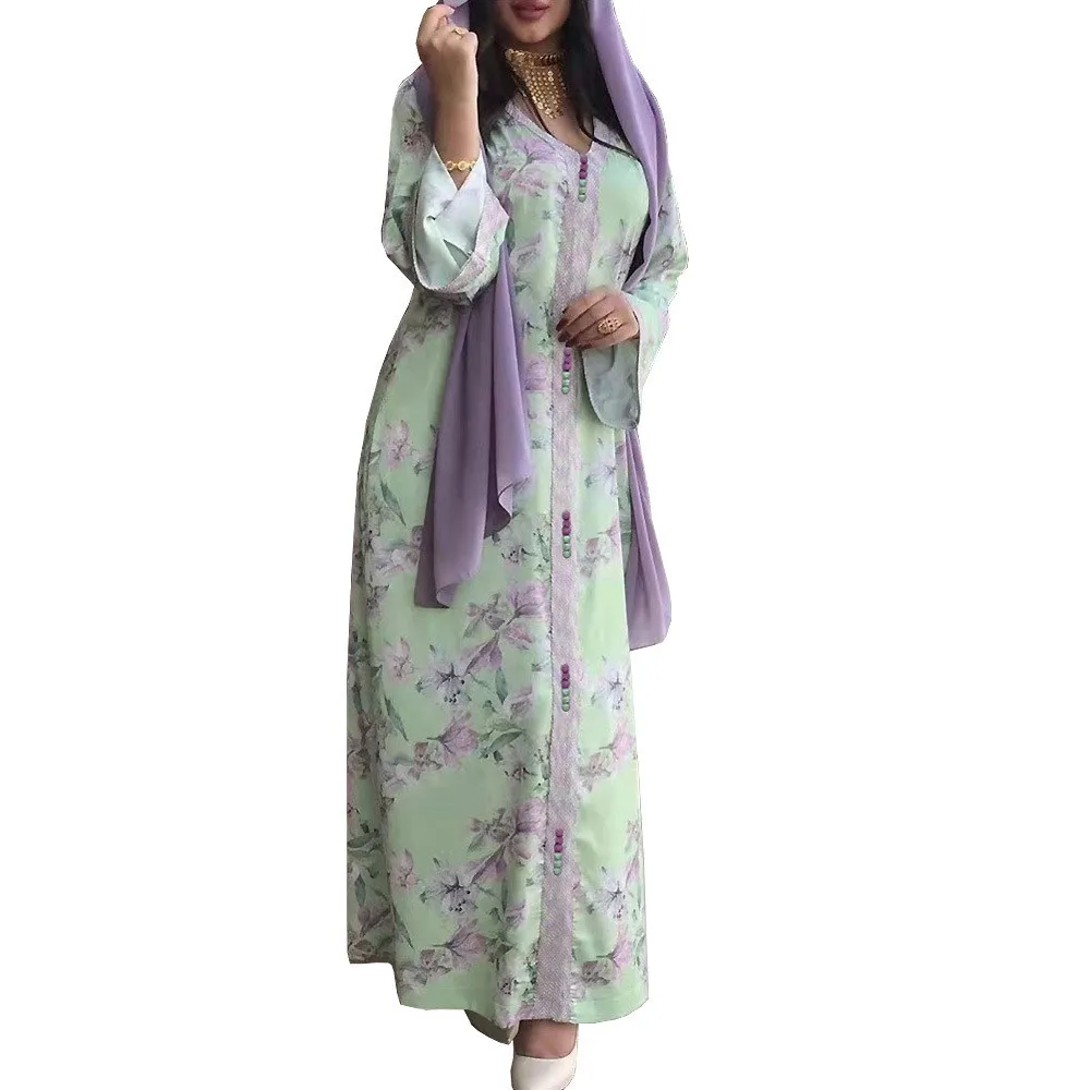 

Ethnic Floral Print Muslim Women Long Dress Islamic Arabic Abaya Middle East Dubai Caftan Jalabiya Turkey Moroccan Ramadan Eid