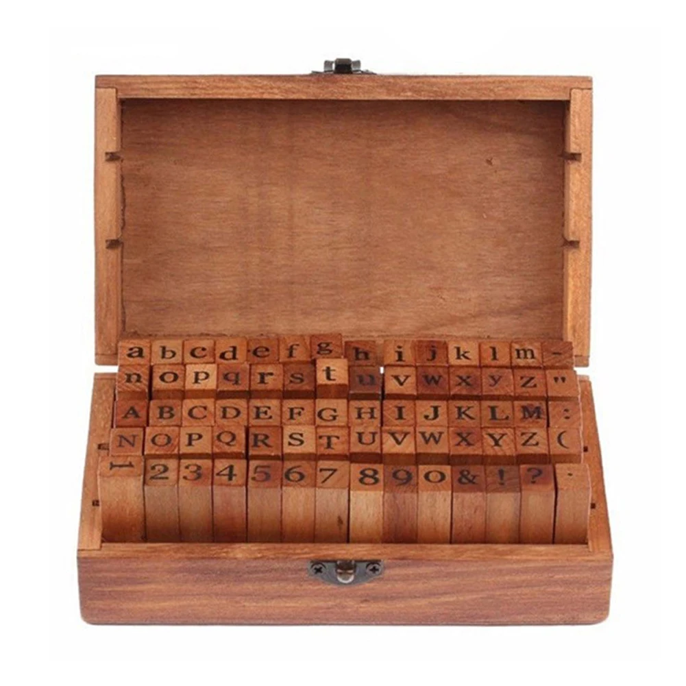 

70pcs/set Teaching Diary Ablum Wooden Alphabet Stamps With Storage Box Symbol DIY Combination Number Letter Card Making Vintage