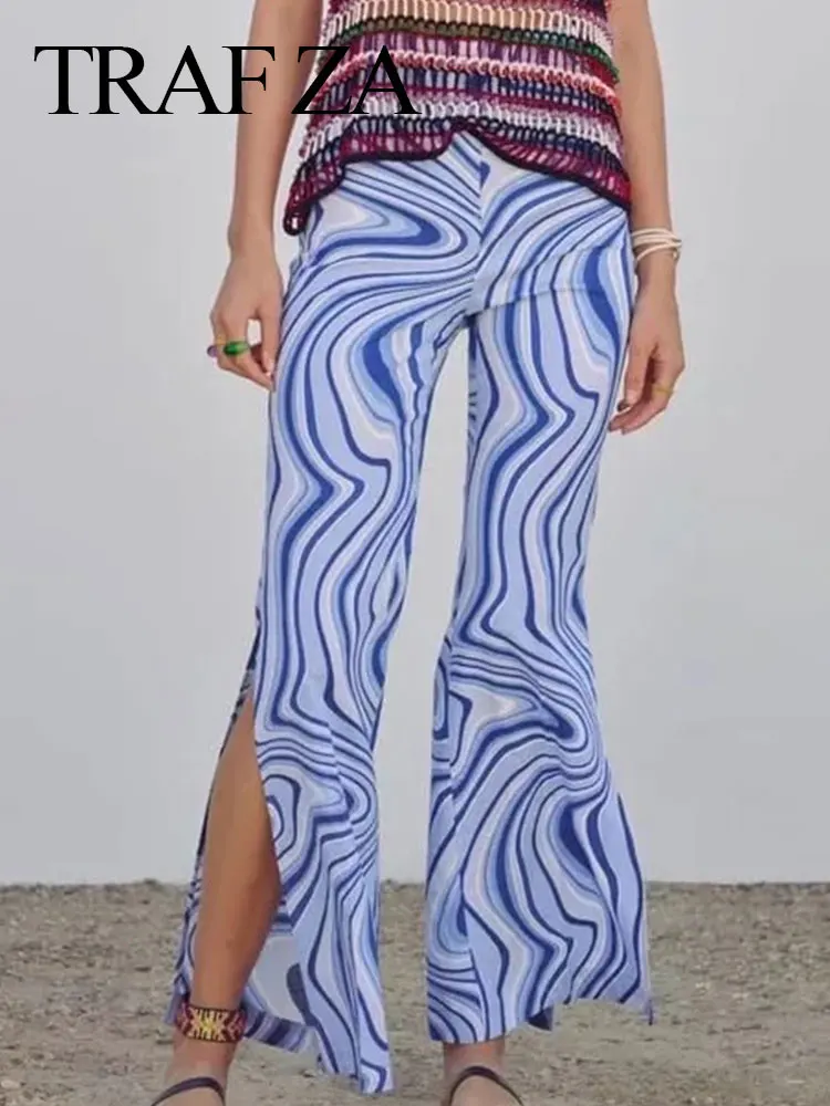 TRAF ZA 2022 Fashion New Print Women Pants Casual Curve Side Slit Wide Legs Trousers Zipper Skin-Friendly High Quality Trend