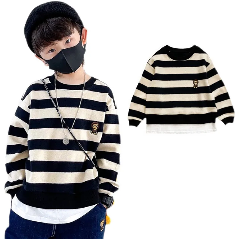 

New Kids Boy Girls Cartoon Animal Black Stripe Pattern Printed Hoodie Tops Regular Sweatershirt Casual Children Hoodies