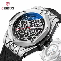 fashion mens automatic mechanical watch leather strap male silver wristwatch abstract rotating ladder dial creative design