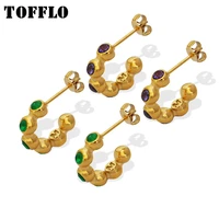 tofflo stainless steel jewelry c shaped bead mosaic inlaid purple green zircon earrings womens fashion earrings bsf054