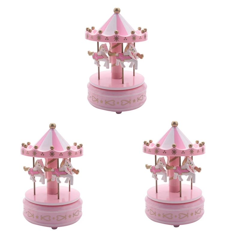 

3X Musical Carousel Horse Wooden Carousel Music Box Toy Child Baby Pink Game