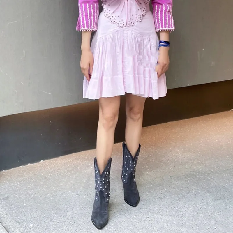 Женские ковбойские ботинки стразы замшевые ботильоны с кристаллами зимние белые