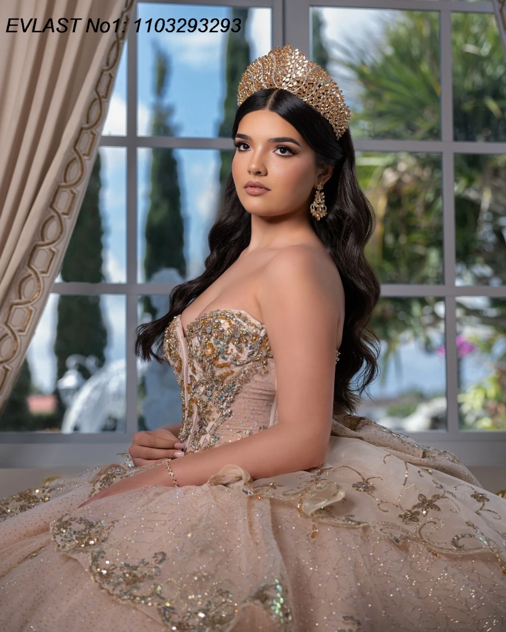Фото EVLAST блестящее розовое платье Quinceanera по индивидуальному заказу, бальное платье с золотыми блестками, аппликация, бант из бисера, милое платье 16, Vestidos De 15 Anos E1QN685 №3