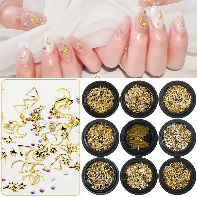 

Ins Style 1Box Metal Rivets Frame Moon Star Shape Gold Jewelry 3D Rhinestone DIY Tips Nail Art Decorations Manicure Accessories