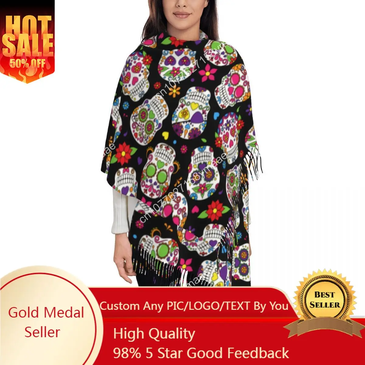 

Womens Tassel Scarf Cute Sugar Skull Large Winter Fall Shawl and Wrap Mexico Horror Halloween Gifts Cashmere Scarf