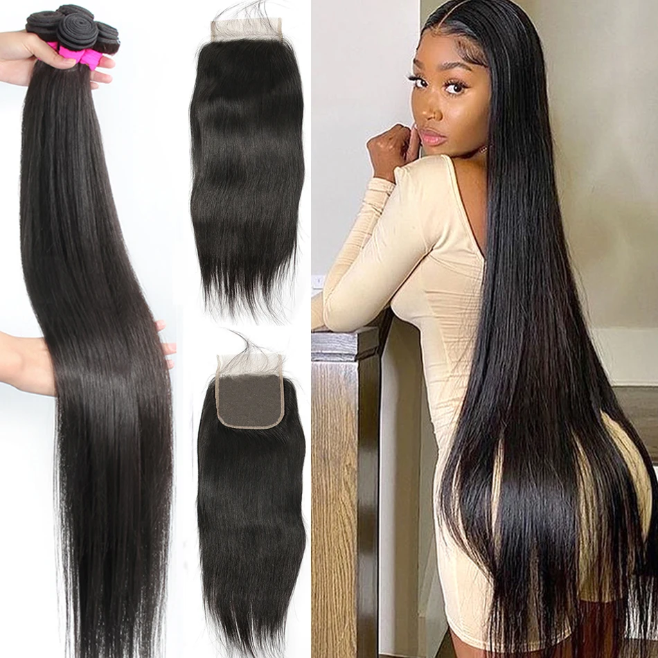 32 34 36 inches Brazilian Straight Bundles Human Hair Weave With 4x4 Closure Transparent Lace Hair Extensions For Black Women
