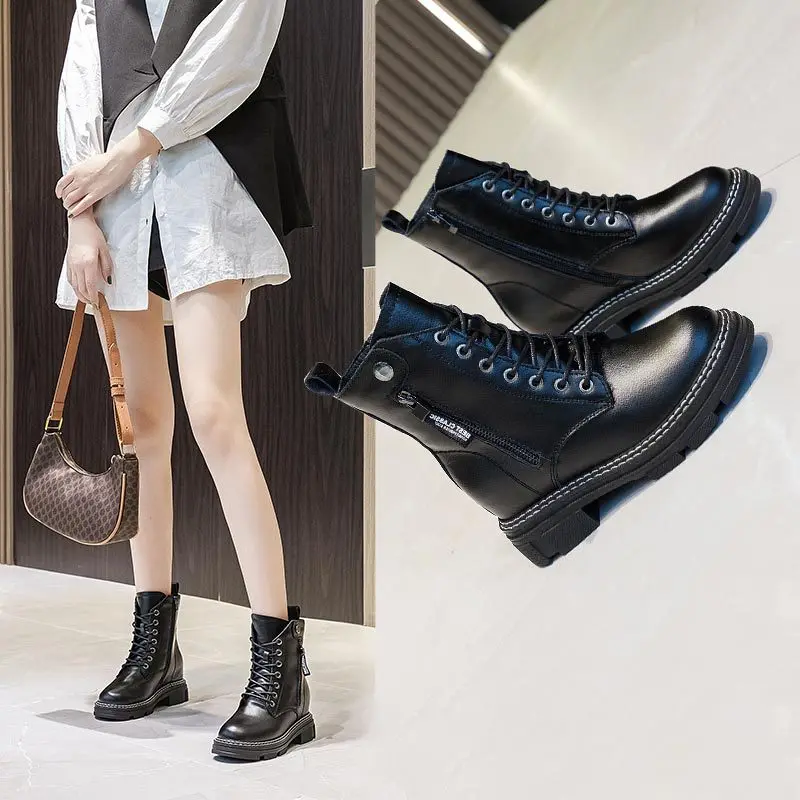 Thick Heel Motorcycle Boots High Side Zipper Women Shoes Casual SoleTop Warm Fashion Solid Color 2022 New Style