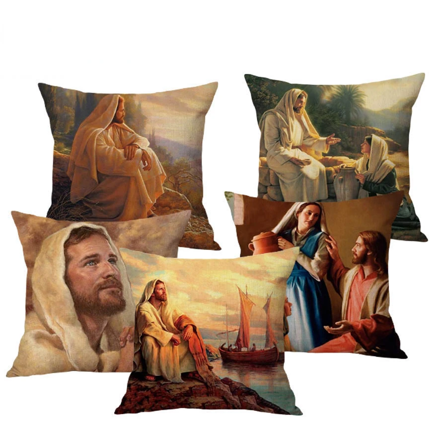 

Jesus Christ Portrait Christian Art Cotton Linen Cushion Cover Car Decoration Oil Painting Home Customizable Pillowcase