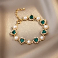 luxury gorgeous green cubic zirconia charm bracelets for women fashion crystal pearl love heart bracelets party wedding jewelry