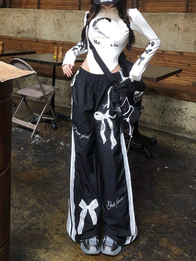 Эстетические Y2k Свободные брюки с эластичной резинкой на талии Женские