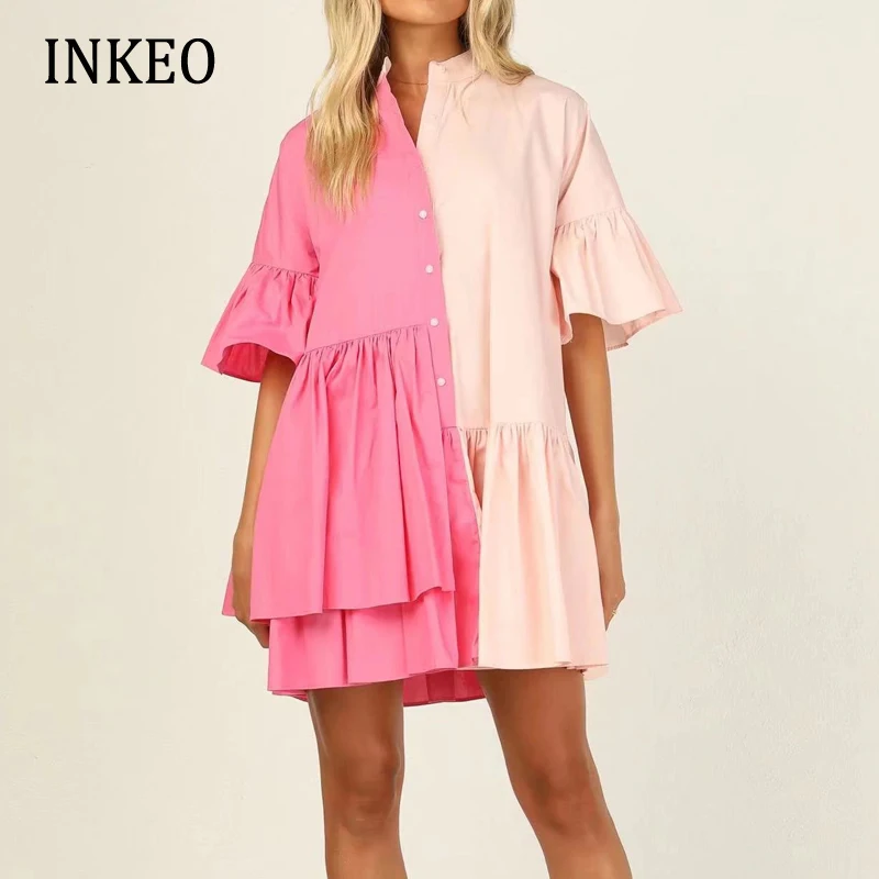 

Женское пляжное платье-рубашка в стиле пэчворк с оборками, летнее Асимметричное мини-платье с расклешенным рукавом, Новое поступление, Повс...