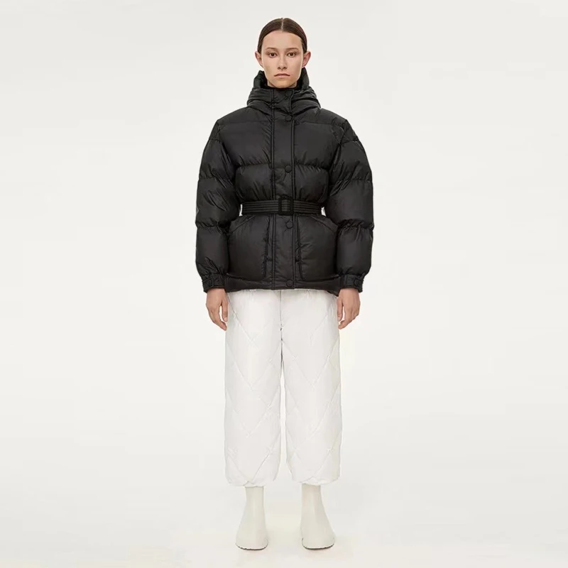 Winter Loose Puffer Jacket Women Solid Belt High Waist Warm Parkas Fashion Black Grey Long Sleeve Coat 2022