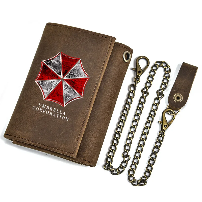 High Quality Men Genuine Leather Wallet Anti Theft Hasp With Iron Chain Cool Umbrella Corporation Cover Card Holder Short Purse
