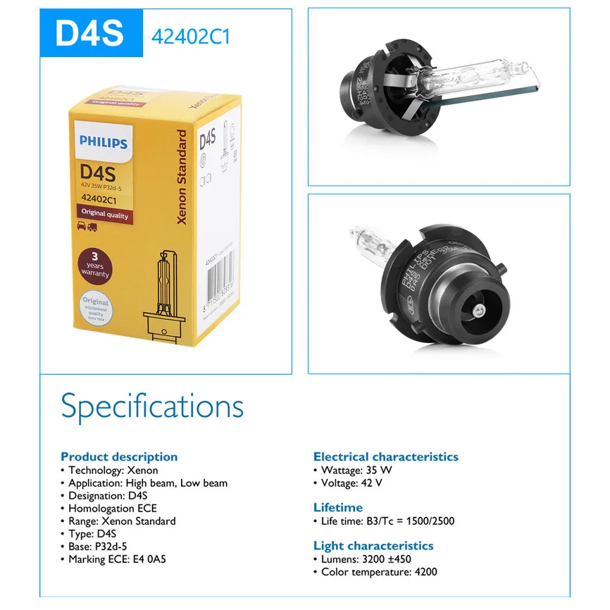 2X Philips HID D4S 35W Xenon Standard 4200K Auto Original Head Light Car Genuine Bulbs Replacement Upgrade ECE 42402C1 Pair - купить по