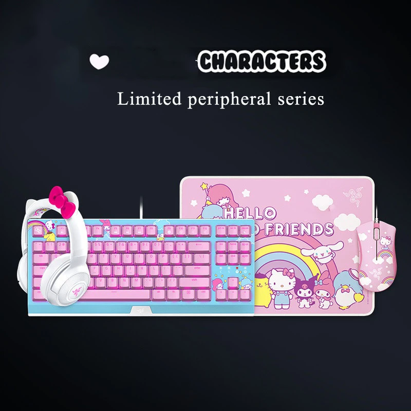 

Anime Cartoon Kawaii Mechanical Keyboard Headphone Mouse and Pad Wired Pink Girls Cute Cartoons RGB Luminous for PC Gamer Laptop