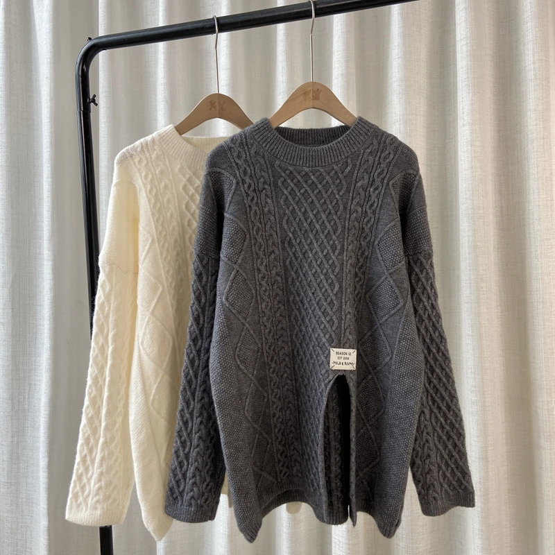 Retro Lazy Style Cable-Knit Sweater Women's Mid-Length Design Sense Slit Knit Sweater Western Style Versatile Top Trendy