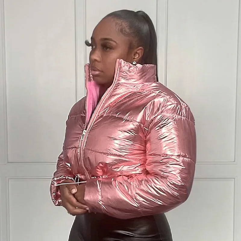 Women Parkas Top 2022 Winter Warm Stand Collar Long Sleeve Puffy Bread Down Jackets Outwear Y2K Gilding Cotton Padded Coats