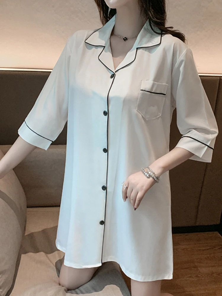 New Arrivals Summer Silk Womens Sleepwear Short Sleeve White Sleepshirt White Shirt Ladies Nightgown Girl Outwear Nightdress