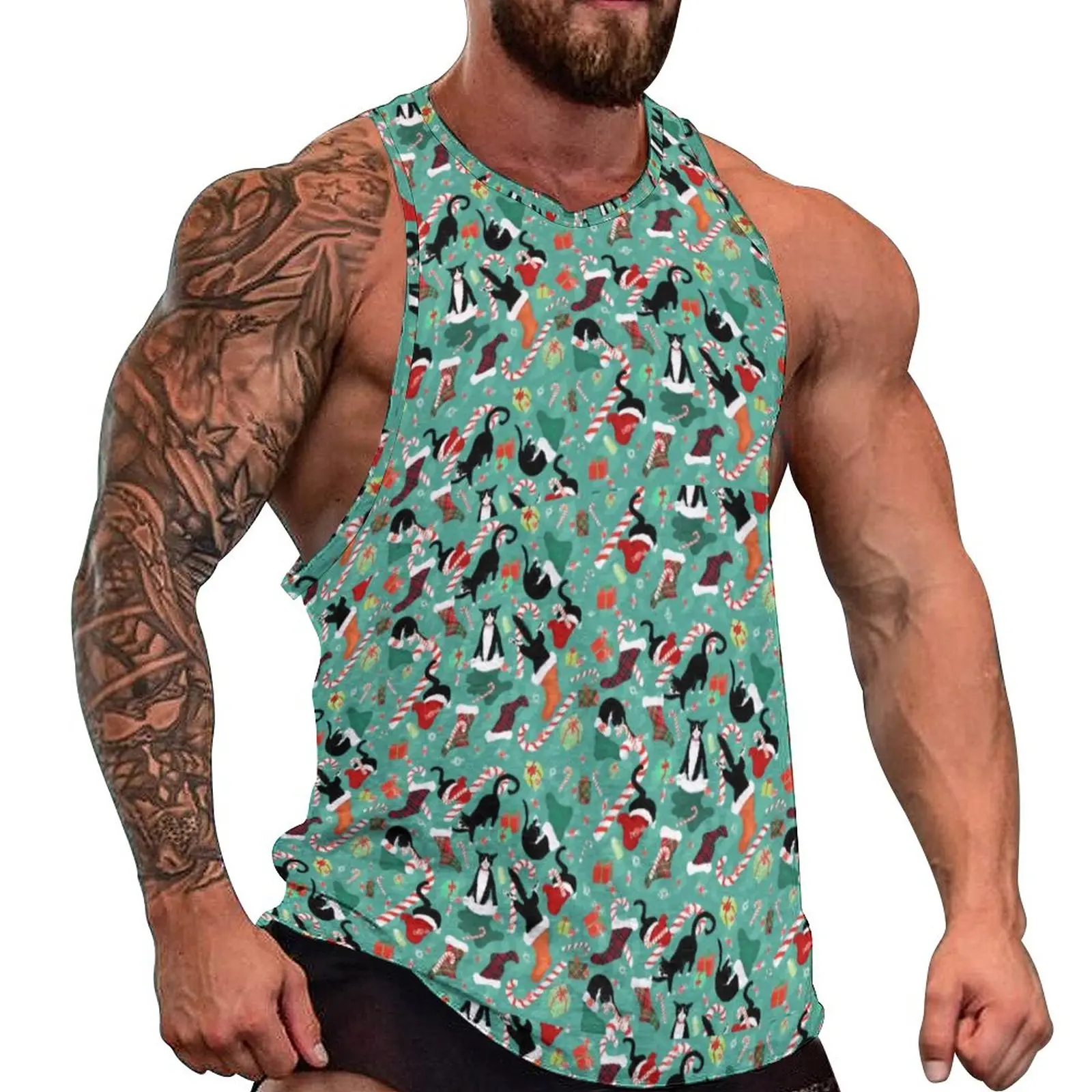 

Funny Cat Print Tank Top Males Christmas Stockings Tops Beach Design Gym Sportswear Oversized Sleeveless Shirts