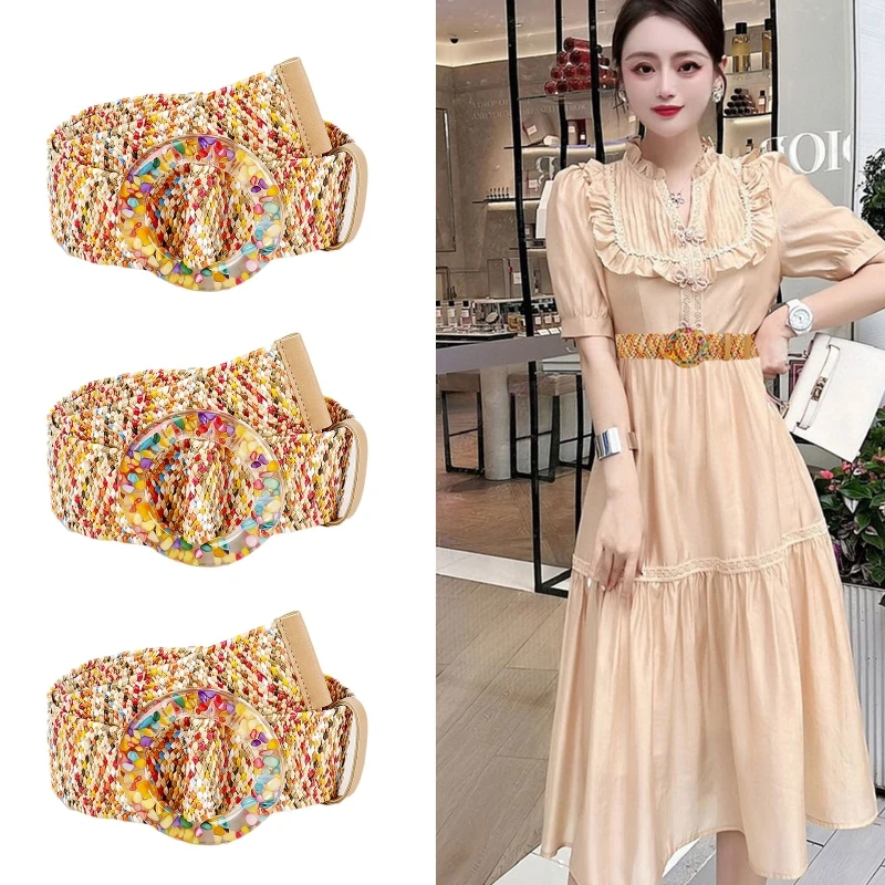 

Пояс женский Плетеный, винтажный пляжный широкий пояс в богемном стиле, с цветной пряжкой, для летнего платья