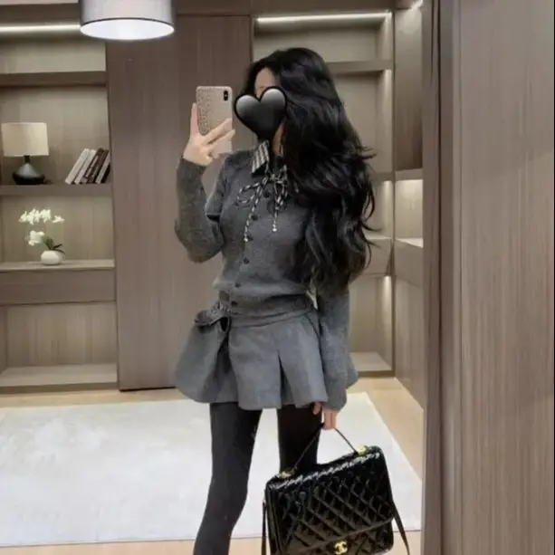 Темпераментный костюм с короткой юбкой в корейском стиле женский клетчатый