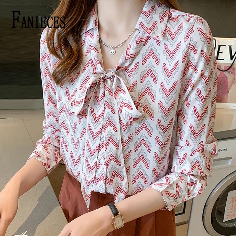 

FANIECES Bow Tie Neck Women Chiffon Shirt Office Ladies Business Shirts Elegant Print Satin Blouses Tops blusa mujer moda 2023