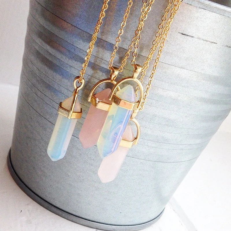 

Fashion Hexagonal Column Quartz Necklaces Natural Stone Bullet Pink Crystal Pendant Necklace for Women 2023 Jewelry Gifts