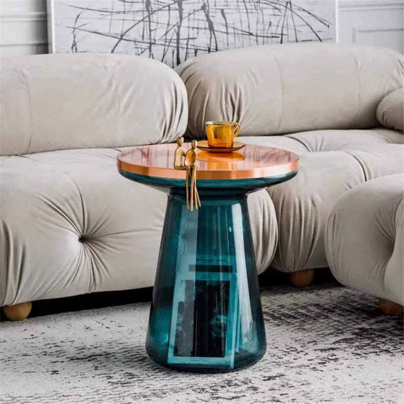 

Круглый стеклянный чайный столик для хранения, простой угловой столик для гостиной в стиле интернет-знаменитостей, Роскошный прозрачный диван, боковой столик