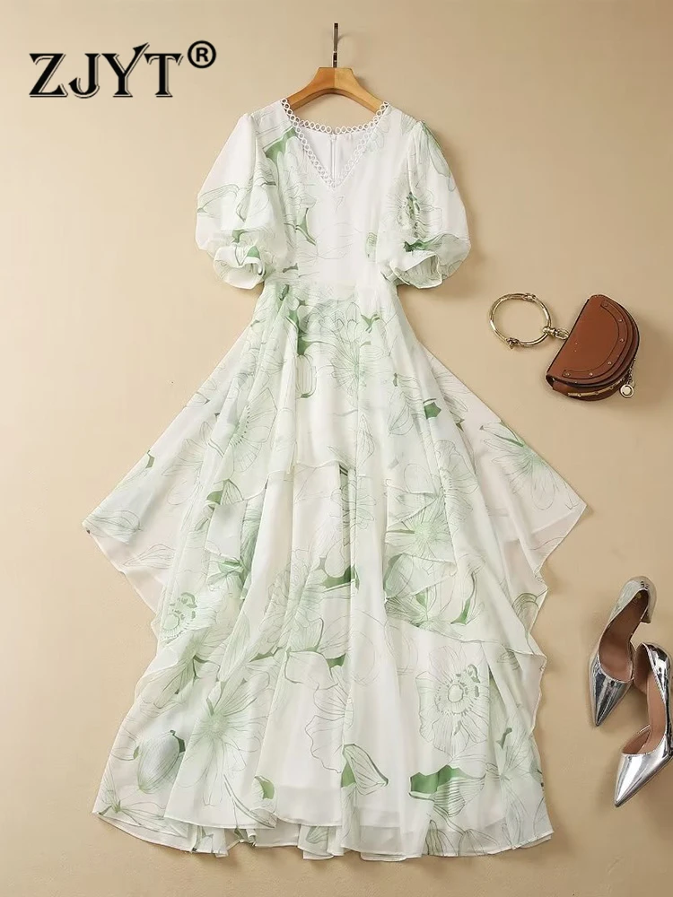 

ZJYT Elegant Women's Print Chiffon Dress Long Maxi Summer 2023 Runway New Puff Sleeve Holiday Party Vestidos Irregular Ruffle
