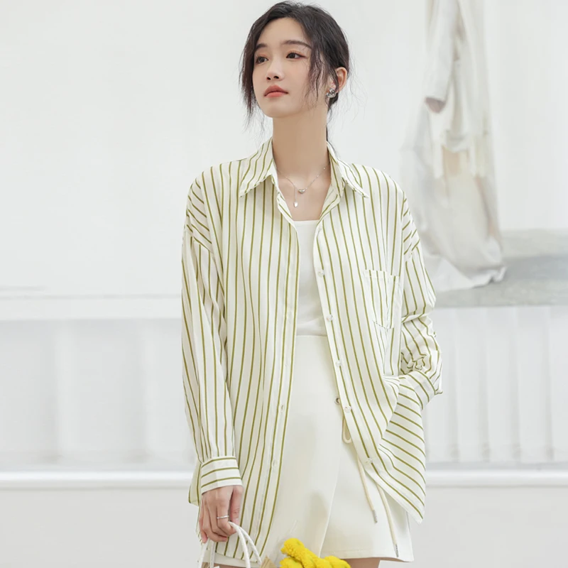 

Spring Elegant Women Loose Office Shirt Long Sleeve Top Autumn Female Striped Blouses Women Fashion Top Ladies Sh83